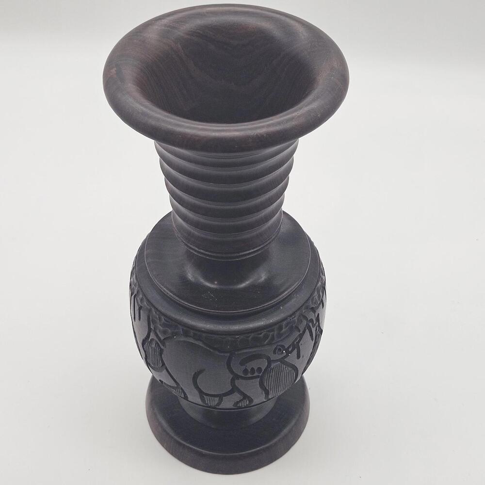Wood Hand Carved Vase Elephant/Rhinoceros  Vase 9.5" Heavy Kenya - Picture 2 of 9